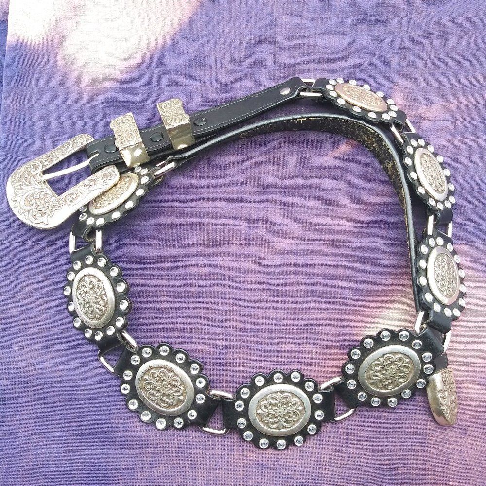 VTG Black Leather Concho Belt